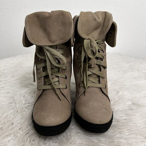 Aldo Beige Green Lace Up Heeled Ankle Boots Canvas Foldover Size 39 EU 8.5 US - Picture 4 of 12